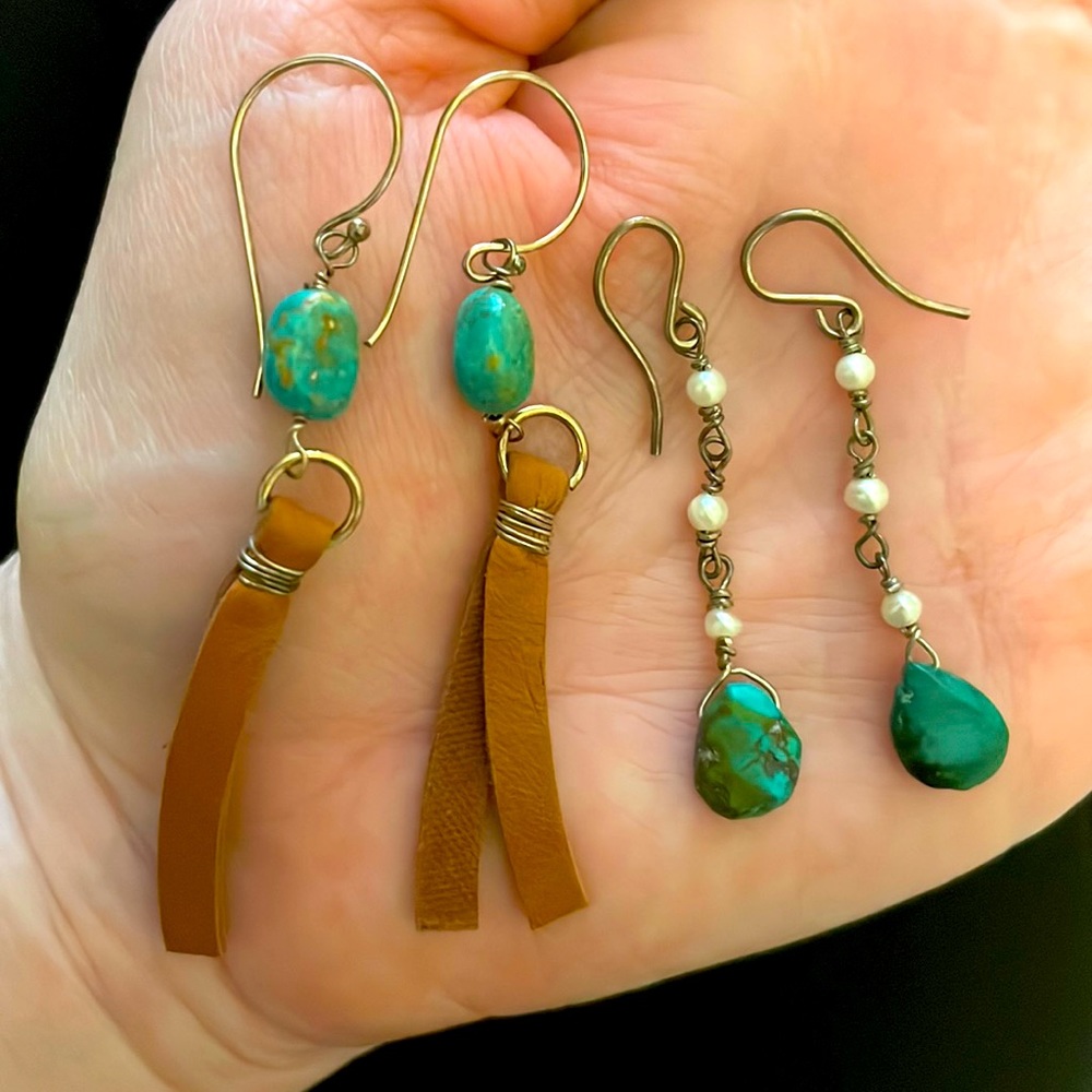 Turquoise pearl and leather handmade earring set
